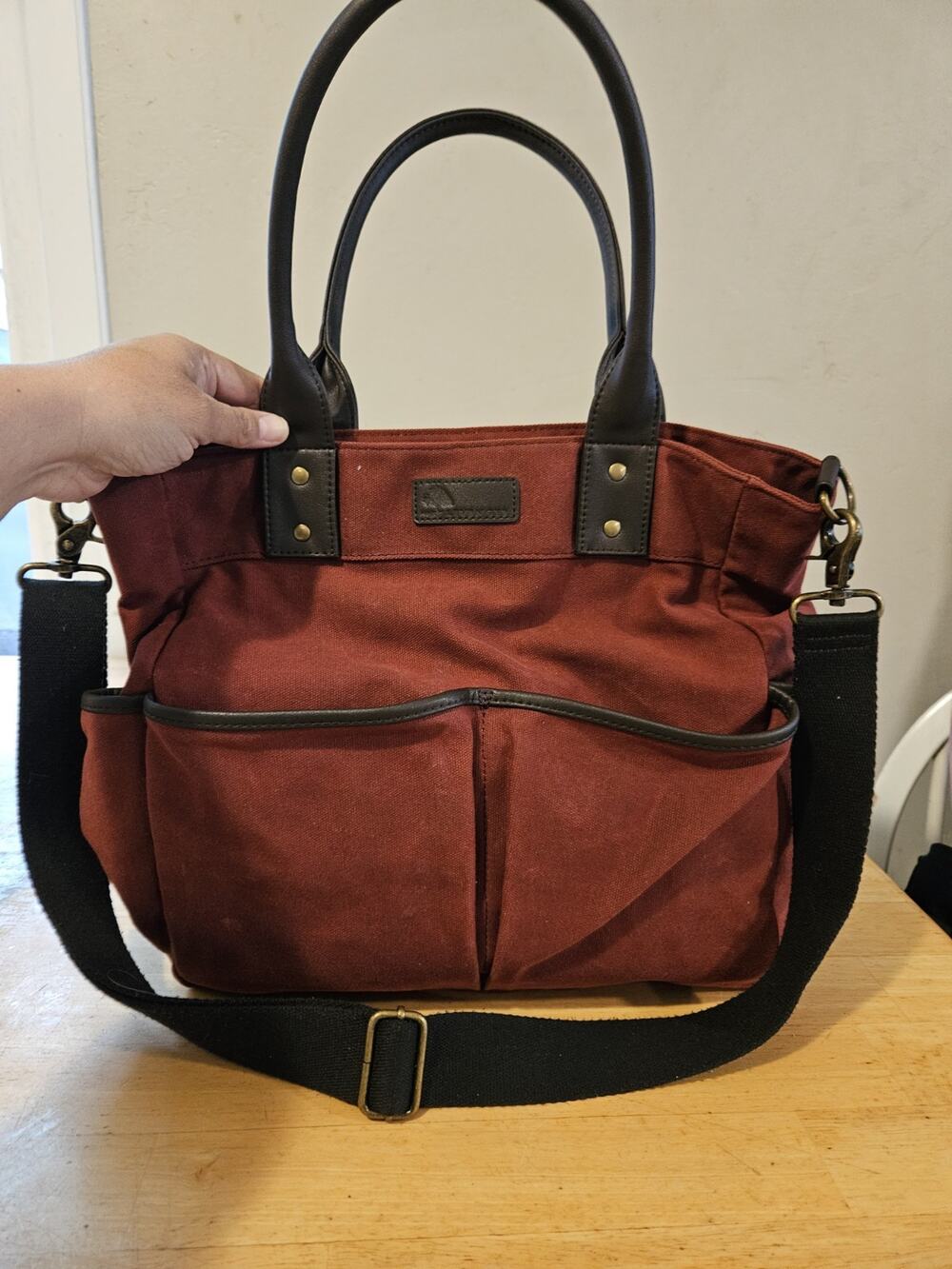 Levenger Oxford Book Tote in Berry Canvas & Leather Bag, Multiple Pockets
